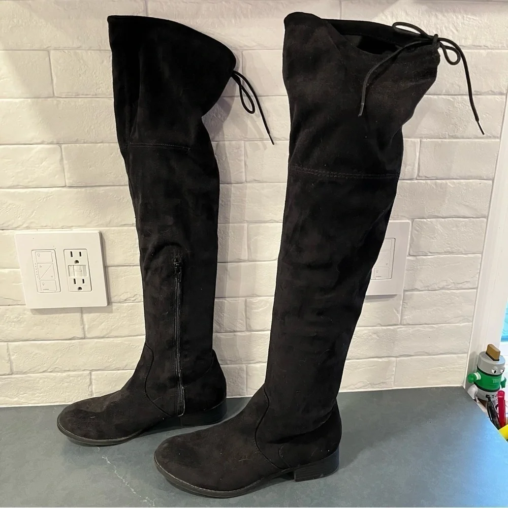 ANA sz 7 Pixie black vegan micro suede OTK boots